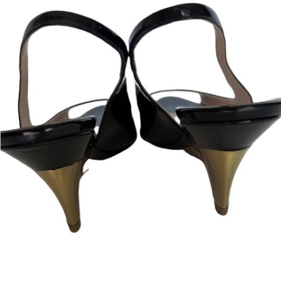 Prada MIU MIU Black Patent Leather Open Toe Slingbacks Metal Wedge High Heels - Picture 5 of 7